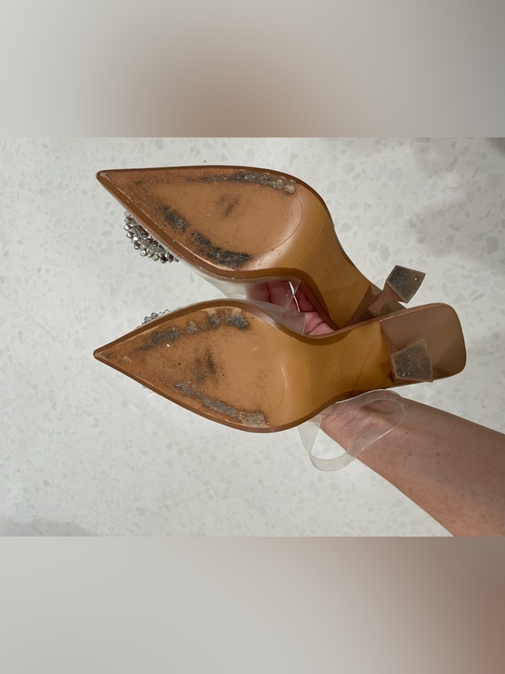 Zara Nude Tan Clear PVC Pointed Slingback Heels with Crystal Brooch - Picture 4 of 4